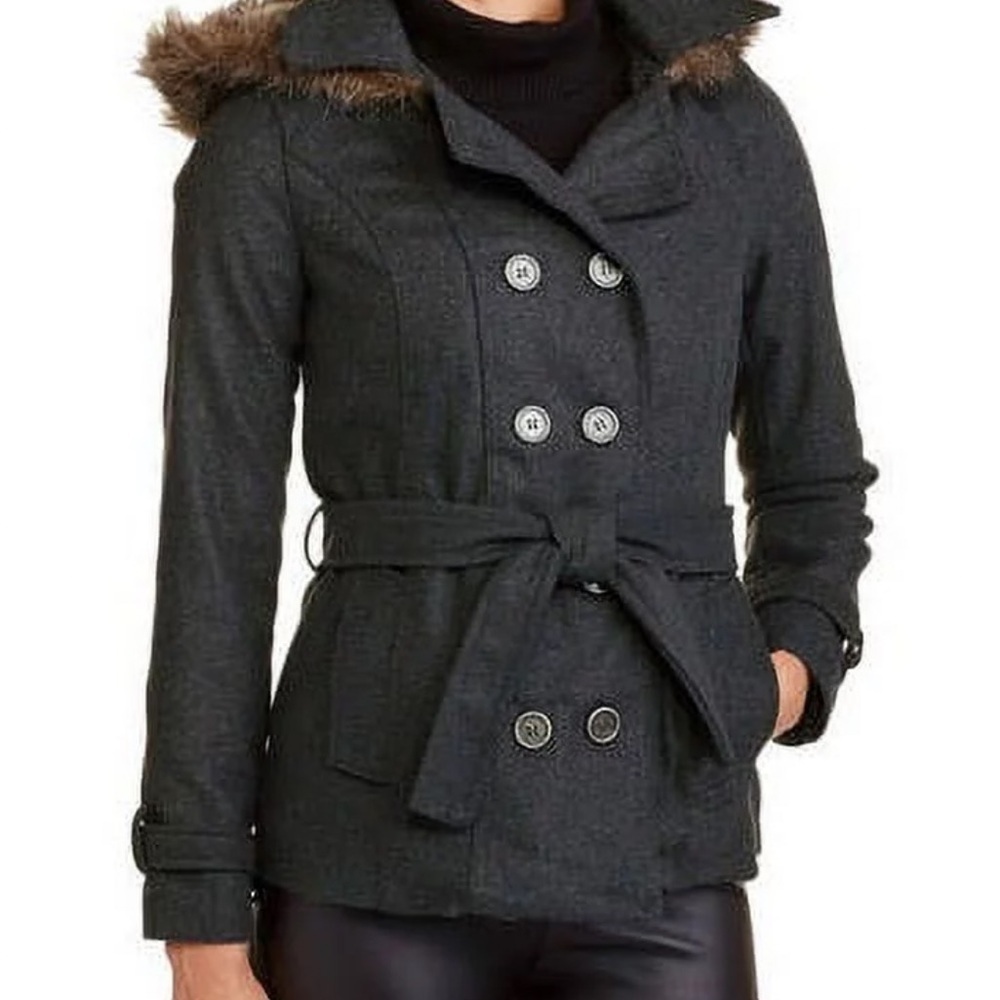 Last Kiss Gray Wool Double Breasted Pea Coat Faux Fur Collar Belted Sz XL